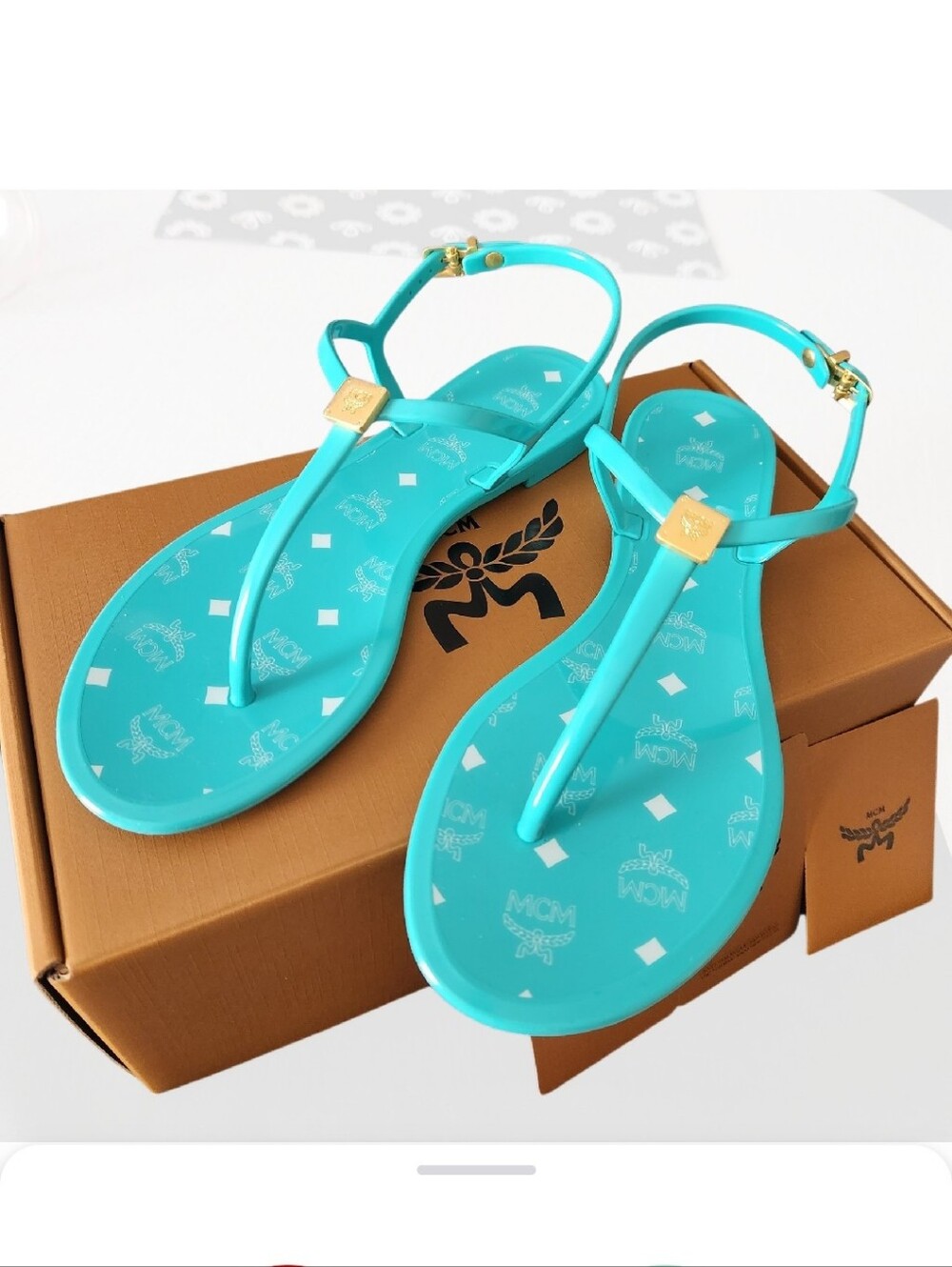 MCM Women's Turquoise Jelly T-Strap Sandals with Gold Accents